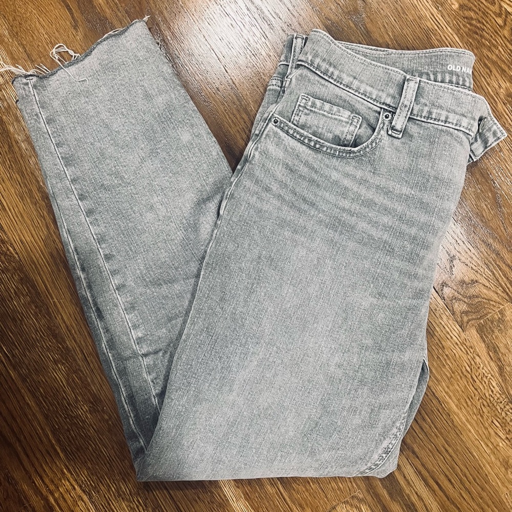 90s vintage old navy grey jeans with fringe detailing,